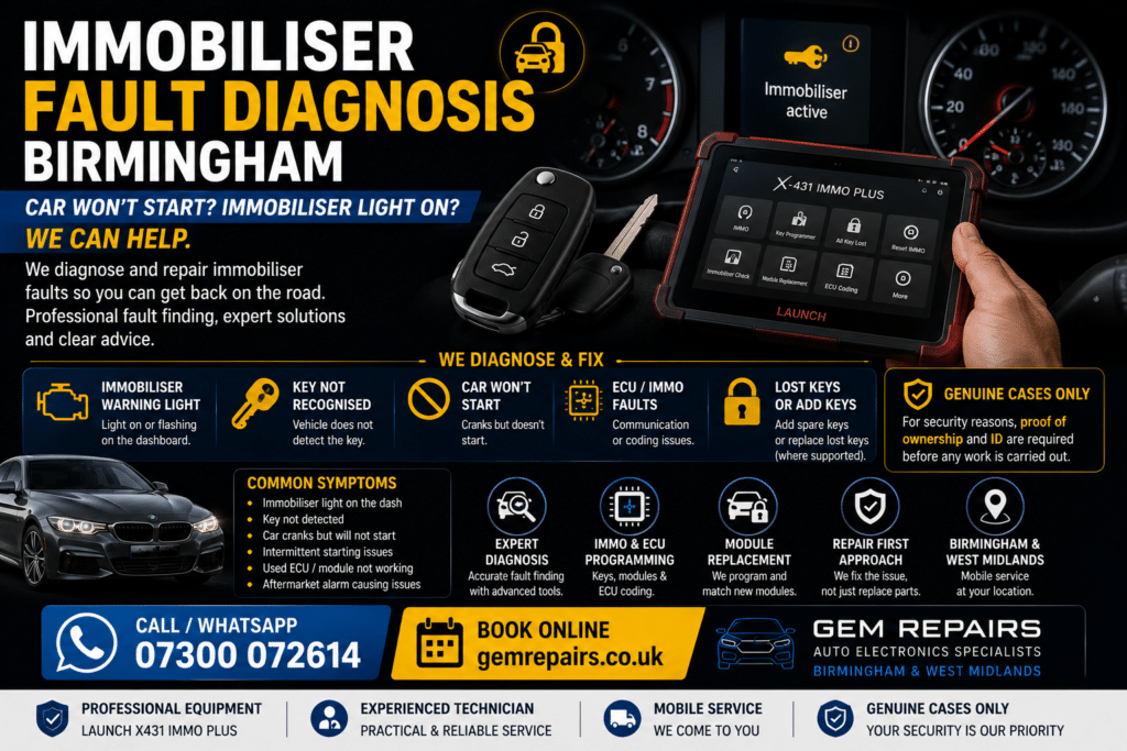 Immobiliser fault diagnosis Birmingham vehicle security service