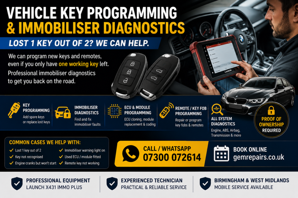 Vehicle key programming and immobiliser diagnostics service