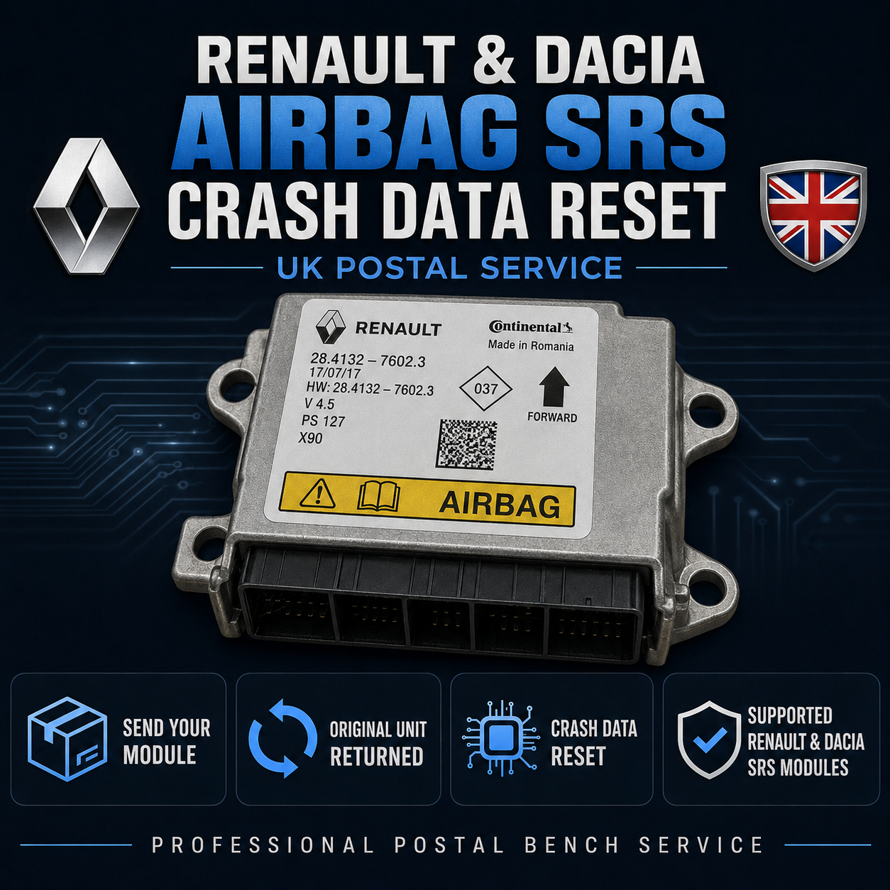 Renault Dacia Airbag SRS Crash Data Reset Service postal bench service
