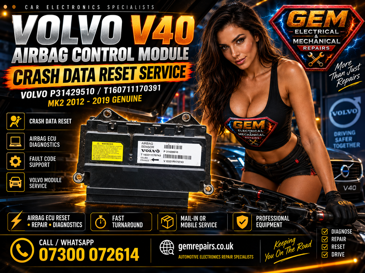 Volvo V40 airbag ECU crash data reset service P31429510 UK postal service