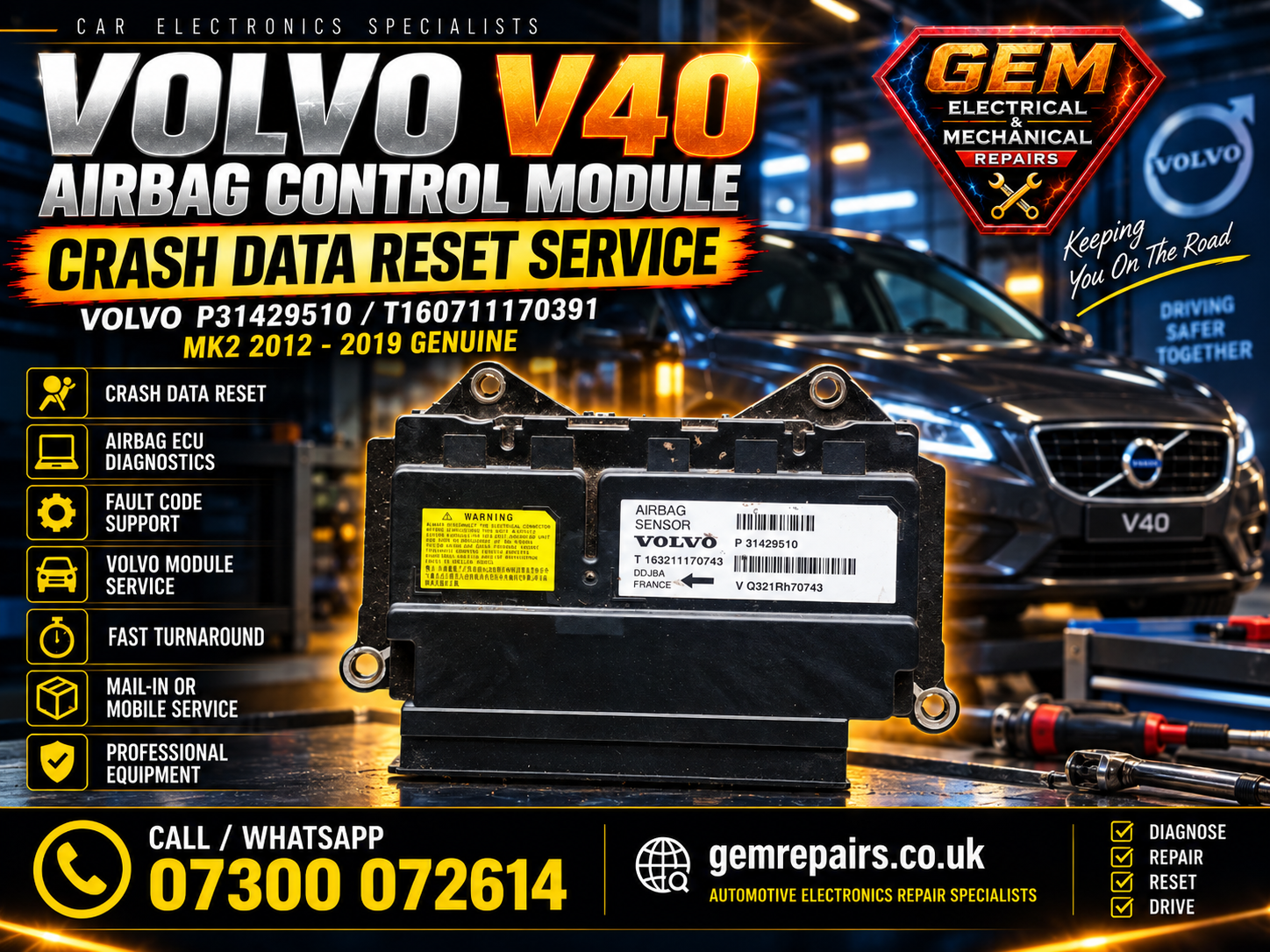 Volvo V40 airbag control module crash data reset workshop service